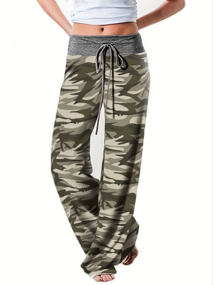 Plus Size Floral Print High Rise Drawstring Long Pants, Women's Plus Slight Stretch Loose Casual Pants