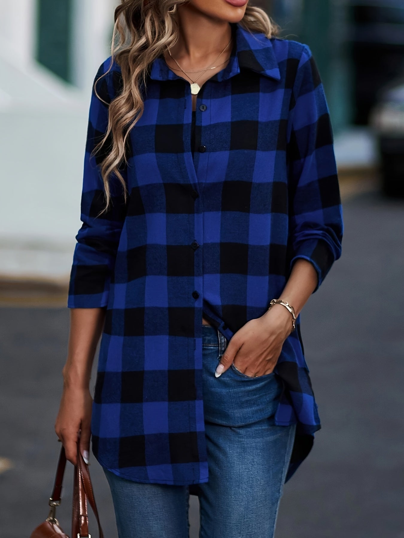 Plaid Print Classic Shirt, Casual Button-Front, Long Sleeve, Women's