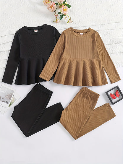 2 Sets Girl's Ribbed Outfit, Peplum Top & Pants Set, Casual Toddler Kid's Clothes For Spring Fall