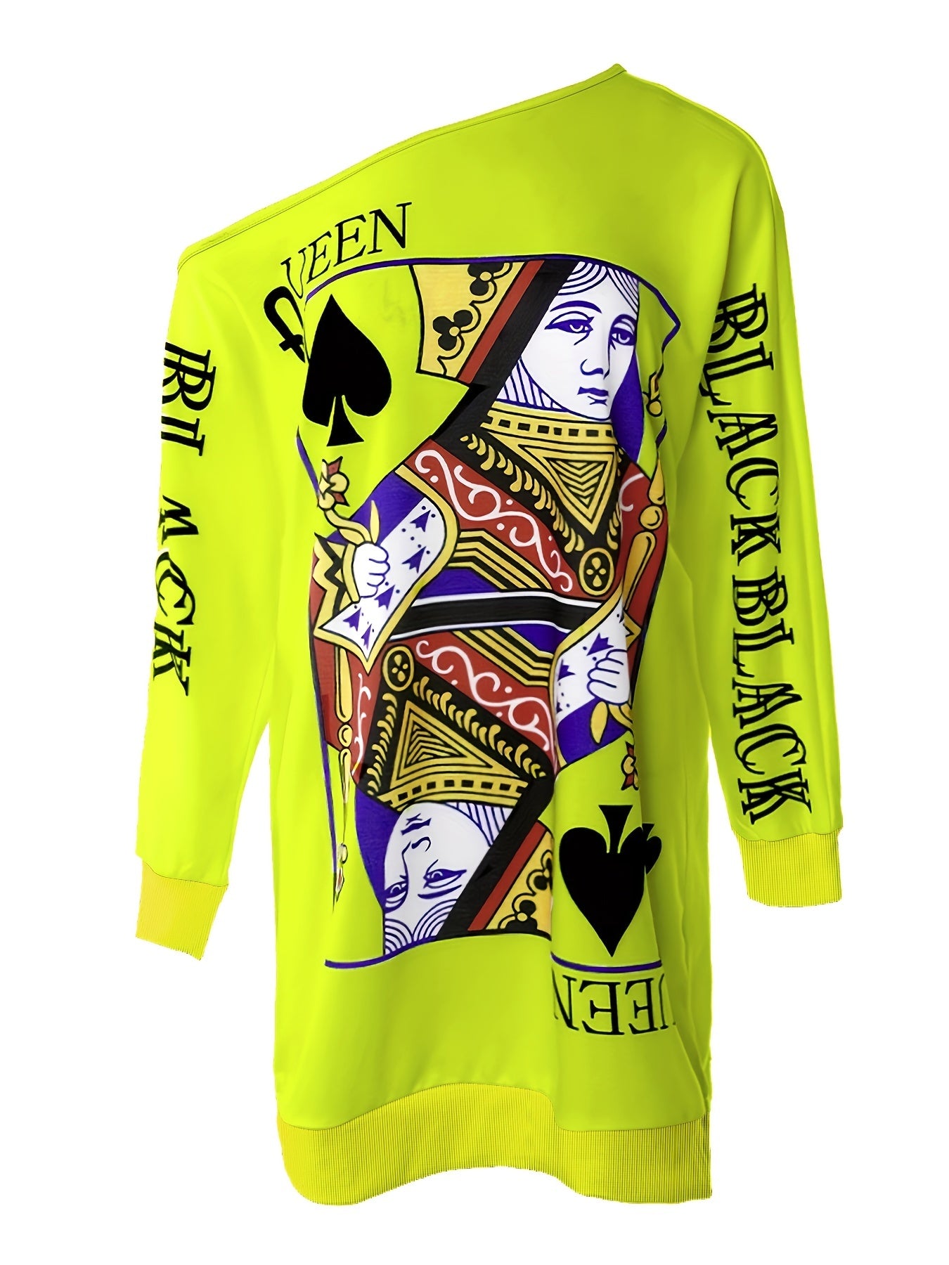 Slant Shoulder Queen Poker Print Dress, Long Sleeve Casual Dress For Fall & Spring, Women's Clothing