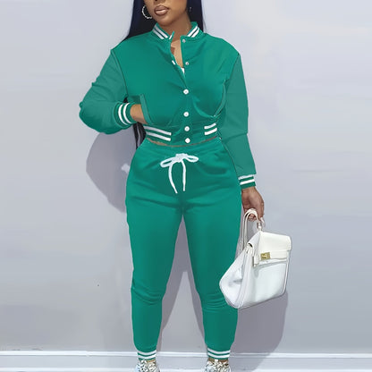 Casual Two-piece Set, Button Front Bomber Jacket & Drawstring Pants Outfits, Women's Clothing