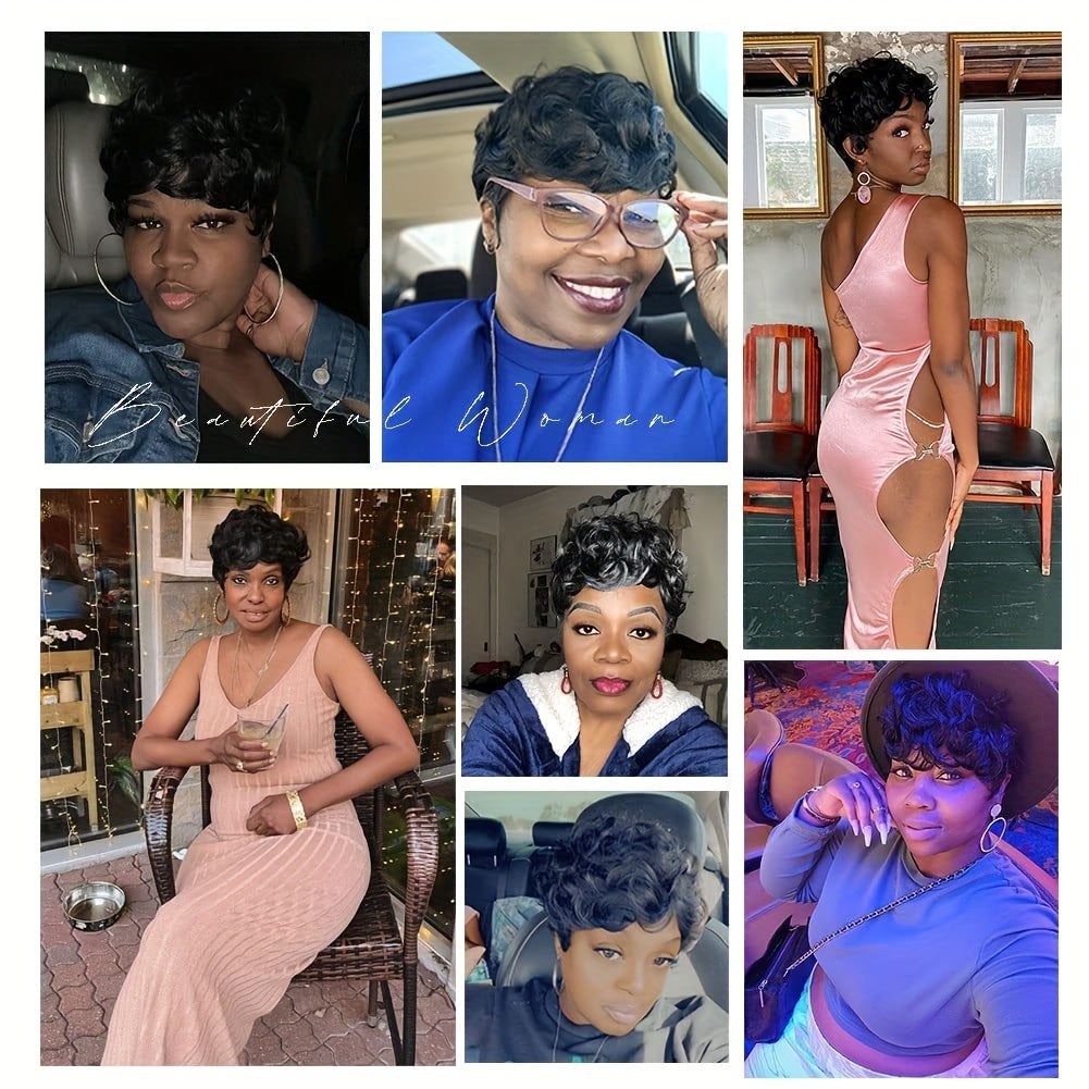 Flattering Short Curly Pixie Wig with Versatile Bangs - Lustrous Synthetic Hair, Easy for Beginners, Heat Resistant and Durable