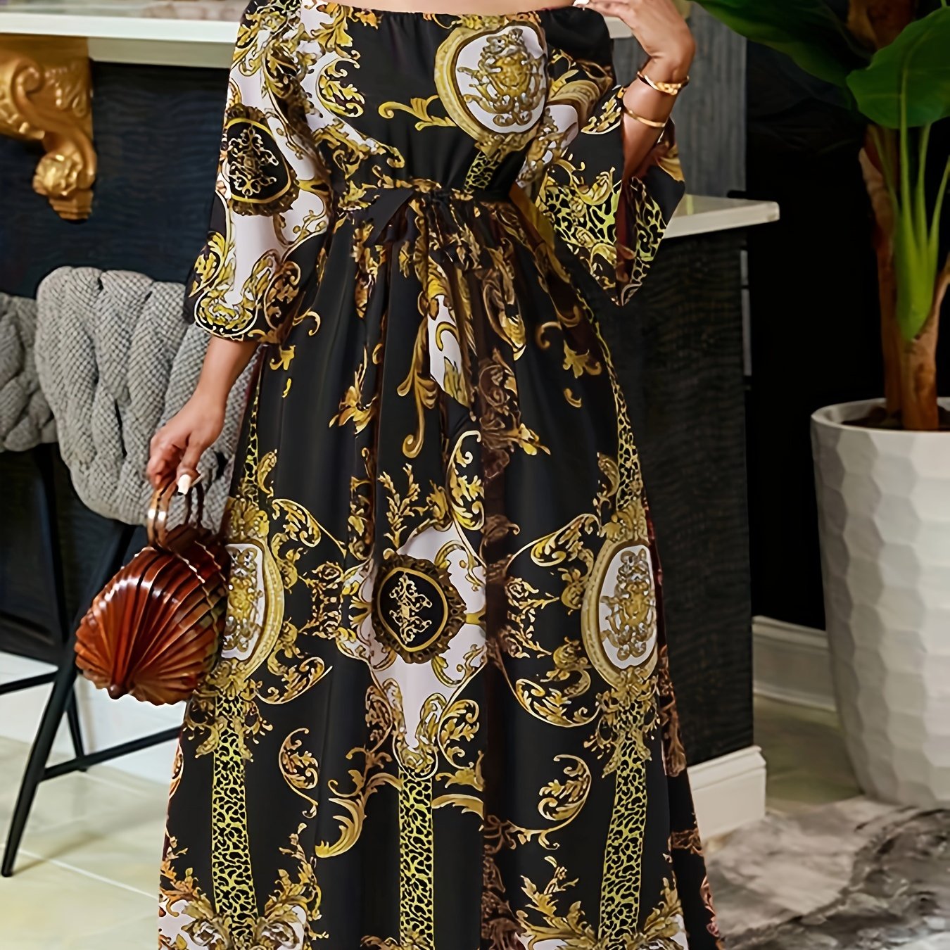 Vintage Off Shoulder Tribal Print Belted Women's Swing Aline Dress with Ruffle Hem Lantern Sleeve