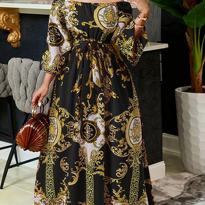 Vintage Off Shoulder Tribal Print Belted Women's Swing Aline Dress with Ruffle Hem Lantern Sleeve