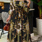 Vintage Off Shoulder Tribal Print Belted Women's Swing Aline Dress with Ruffle Hem Lantern Sleeve