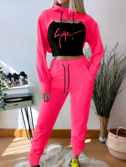 Three-Piece Bodycon Pantsuit Set - Women's Casual Drawstring Hooded Crop Top, Smile Letter Print Tank Top, and Long Length Pants Outfit with Relaxed Fit and Soft Fabric