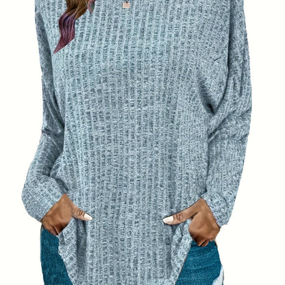 Plus Size Casual Sweater, Women's Plus Solid Ribbed Long Sleeve Round Neck Knit Top