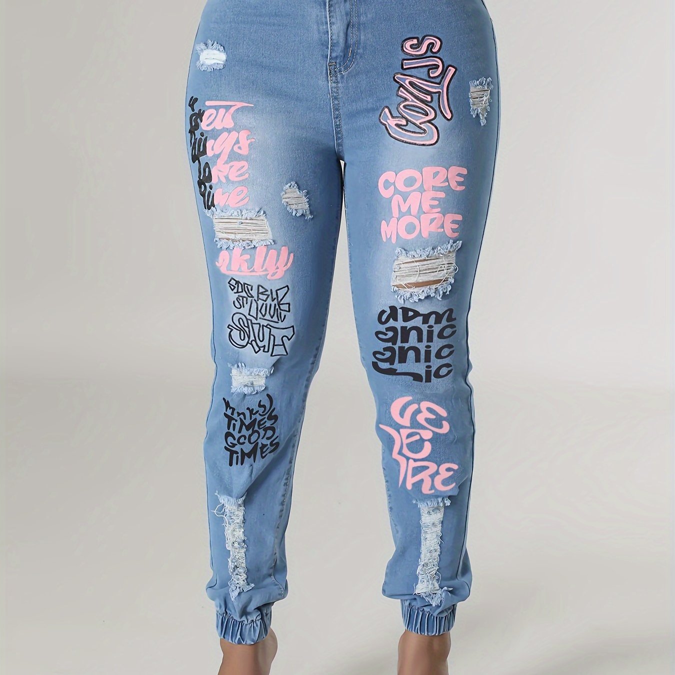 Plus Size Womens High Rise Slight Stretch Graffiti Print Ripped Button Fly Jogger Jeans - Comfortable Casual Wear for All Seasons - Cotton Blend Fabric, Positioning Printing, Woven Construction