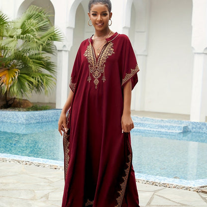 Bohemian Golden Embroidered Plus Size Maxi Dress with Bat Sleeves for Ramadan