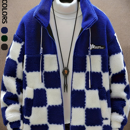 Men'S Plush Checkered Winter Coat - Blue & White, Loose Fit, Stand Collar, Zip-Up Jacket with Drawstring Hood, Casual Style for Fall/Winter, Winter Coat