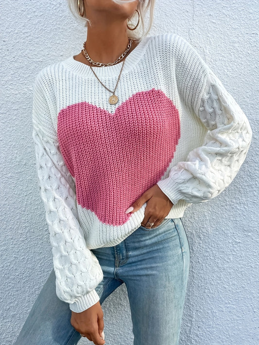 Cozy Heart Pattern Crew Neck Sweatshirt - Pullovers with Long Sleeve, Drop Shoulder, Casual Style, Soft Fabric, Women's Fashion Clothing for Daily Wear