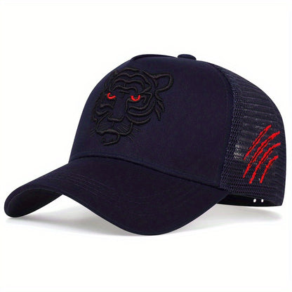 Tiger Embroidery Unisex Baseball Cap Solid Color Mesh Breathable Trucker Hat Adjustable Sports Sun Hats For Women & Men