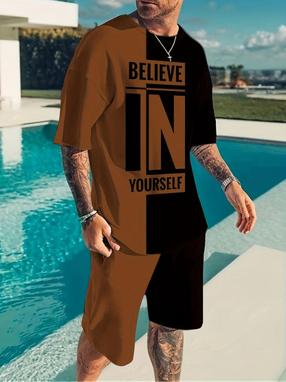 Believe In Yourself Print, Men's 2Pcs Outfits, Casual Crew Neck Short Sleeve T-shirt And Drawstring Shorts Set For Summer, Men's Clothing