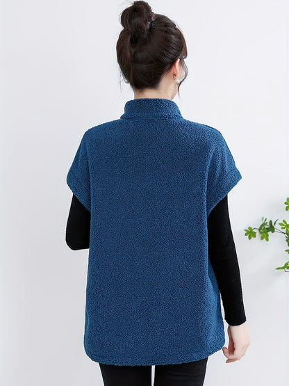 Womens Chic Button Front Teddy Vest - Lightweight Fleece, Short Sleeve, Solid Colors - Perfect for Layering, Stylish & Versatile Wardrobe Staple