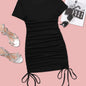 Womens Ruched Skinny Dress - Adjustable Drawstring Waist, Solid Color, Short Sleeve, Crew Neck, Chic and Versatile Casual Wear for Women