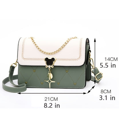 Geometric Embroidered Flap Square Bag - Chic Crossbody with Stylish Chain, Magnet Closure, and Bag Charm