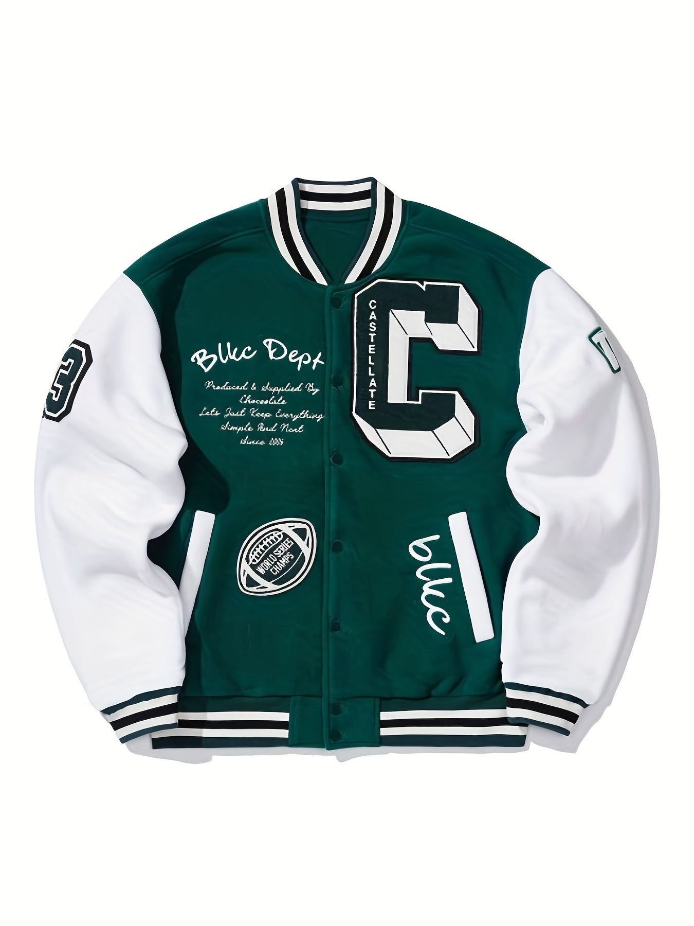 Mens Fashionable Letter Print Varsity Jacket - Color Block Button Up for Spring/Fall - Casual Style Perfect for School or Baseball