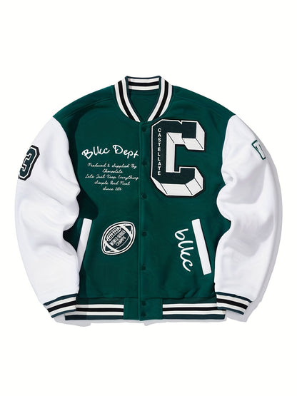Mens Fashionable Letter Print Varsity Jacket - Color Block Button Up for Spring/Fall - Casual Style Perfect for School or Baseball