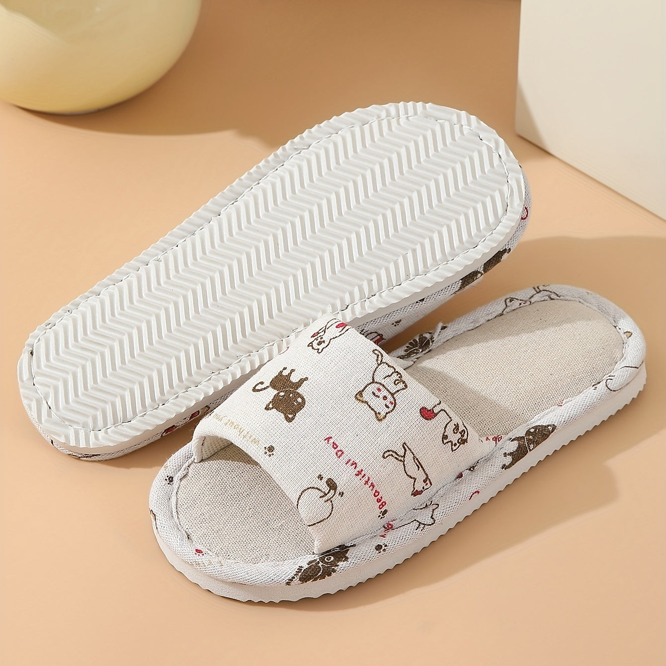 Adorable Cartoon Cat Print Flat Slippers - Slip-On Open-Toe Non-Slip Lightweight Casual Slides Shoes for Home Comfort - Comfy, Breathable, and Soft Cartoon Character Design