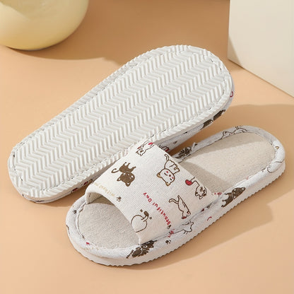 Adorable Cartoon Cat Print Flat Slippers - Slip-On Open-Toe Non-Slip Lightweight Casual Slides Shoes for Home Comfort - Comfy, Breathable, and Soft Cartoon Character Design