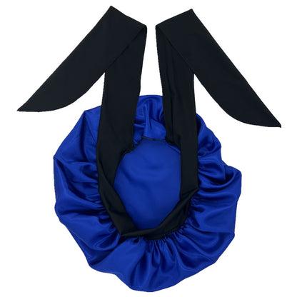 ZTZI Jumbo Satin Sleep Bonnet with Adjustable Elastic Tie Band - Large Black Hair Bonnet for Women, Stretchy Straps for Long Curly Braid Hair Protection, Soft Polyester Material