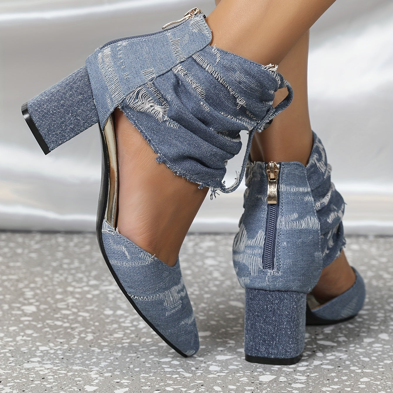 Women's Solid Color Denim Shoes, Point Toe Back Zipper Chunky Heel Casual Shoes, Trendy Daily Comfy Shoes