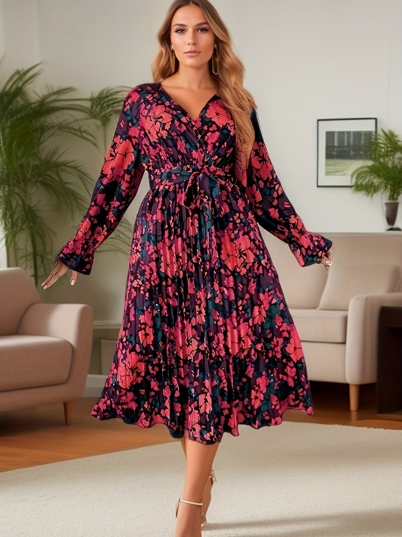 Plus Size Casual Dress, Women's Plus Floral Print Lantern Sleeve Surplice Neck Slight Stretch Midi Dress With Belt