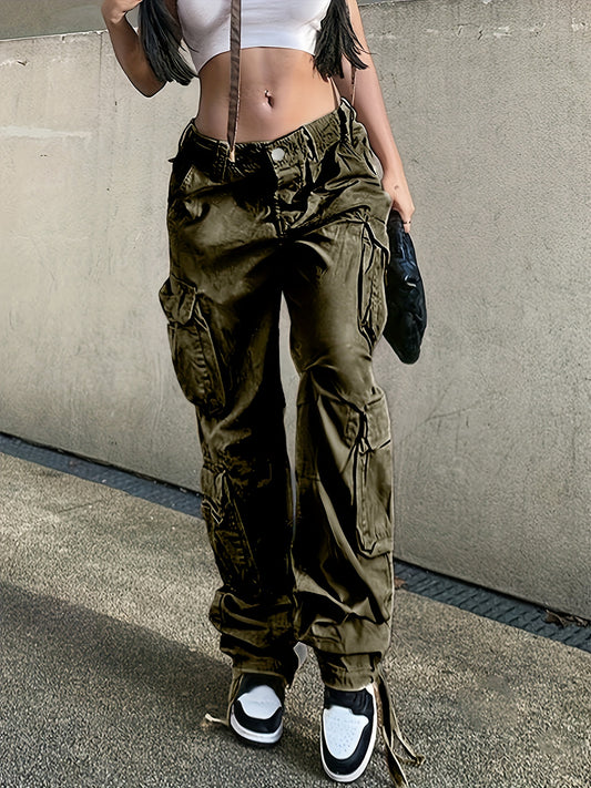 Black Flap Pockets Straight Jeans, Loose Fit Non-Stretch High Waist Cargo Pants, Y2K & Kpop Style, Women's Denim Jeans & Clothing