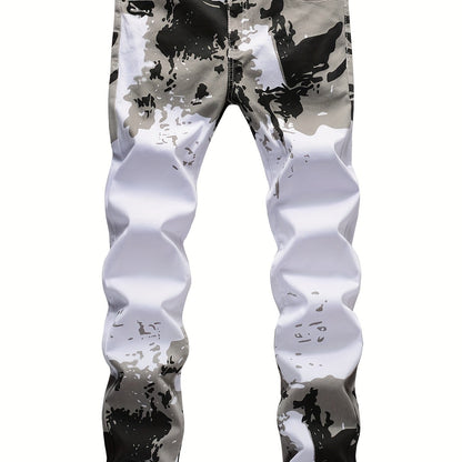 Men's Trendy Camouflage Jeans, Casual Mid Stretch Breathable Straight Leg Slim Fit Trousers For Outdoor Hiking Trekking