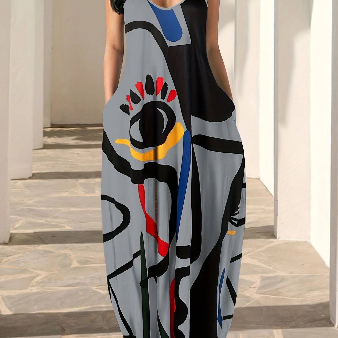 Flowing Maxi Sundress - Vibrant Abstract Art Print - Breezy Spaghetti Straps - Versatile Summer Attire for Women