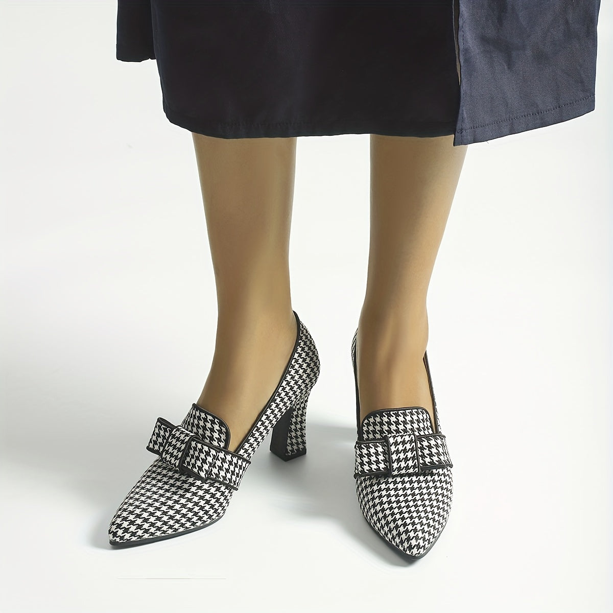 Women's High Heel Single Shoes with Deep Mouth Houndstooth Pattern