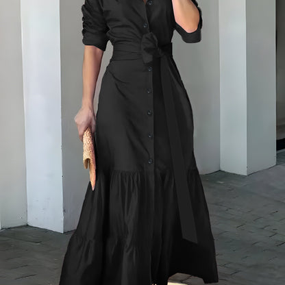 Stunning Ruffled Maxi Dress - Solid Button Front, Belted Waist, Elegant Ruched Sleeve, Flowy Design, Women's Clothing for Special Occasions
