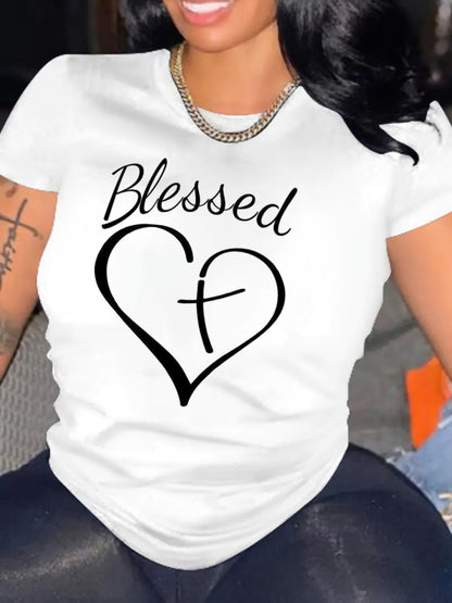 Women's Blessed Heart & Cross Print T-Shirt for Valentine's Day - Comfortable Crew Neck Short Sleeve Tee with Unique Design