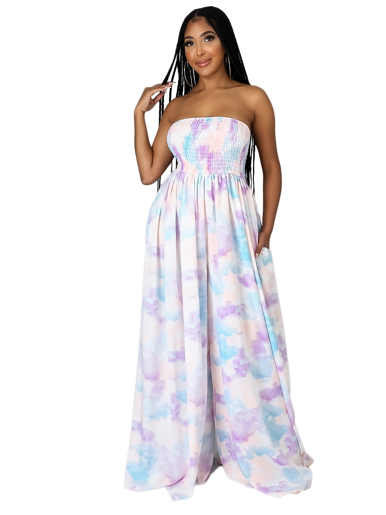 Allover Print Tube Jumpsuit, Casual Off Shoulder Wide Leg Jumpsuit, Women's Clothing