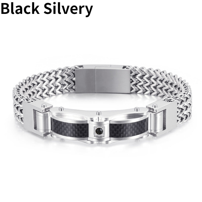1PC Men's Delicate Bracelet, Golden Silvery Stainless Steel Chain Bracelet, Men's Faux Diamond Square Bracelet, Magnetic Buckle Fashion Jewelry Party Cool Holiday Accessories, Father's Day Gift