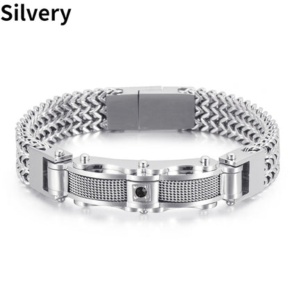 1PC Men's Delicate Bracelet, Golden Silvery Stainless Steel Chain Bracelet, Men's Faux Diamond Square Bracelet, Magnetic Buckle Fashion Jewelry Party Cool Holiday Accessories, Father's Day Gift