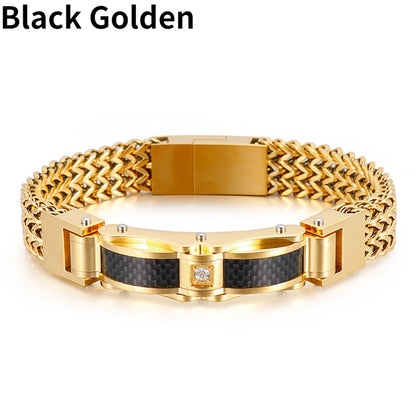 1PC Men's Delicate Bracelet, Golden Silvery Stainless Steel Chain Bracelet, Men's Faux Diamond Square Bracelet, Magnetic Buckle Fashion Jewelry Party Cool Holiday Accessories, Father's Day Gift