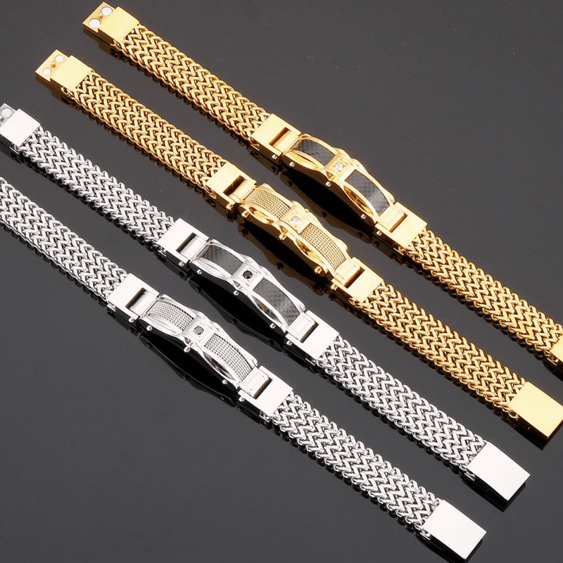 1PC Men's Delicate Bracelet, Golden Silvery Stainless Steel Chain Bracelet, Men's Faux Diamond Square Bracelet, Magnetic Buckle Fashion Jewelry Party Cool Holiday Accessories, Father's Day Gift