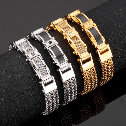 1PC Men's Delicate Bracelet, Golden Silvery Stainless Steel Chain Bracelet, Men's Faux Diamond Square Bracelet, Magnetic Buckle Fashion Jewelry Party Cool Holiday Accessories, Father's Day Gift