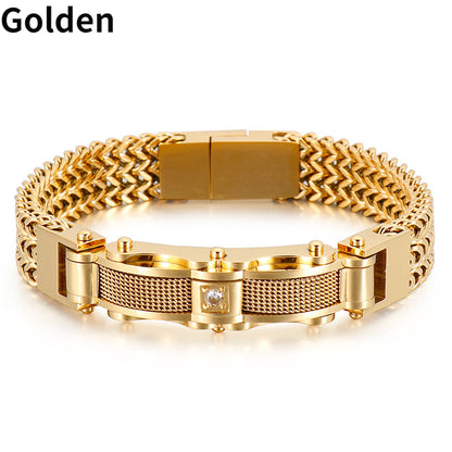 1PC Men's Delicate Bracelet, Golden Silvery Stainless Steel Chain Bracelet, Men's Faux Diamond Square Bracelet, Magnetic Buckle Fashion Jewelry Party Cool Holiday Accessories, Father's Day Gift