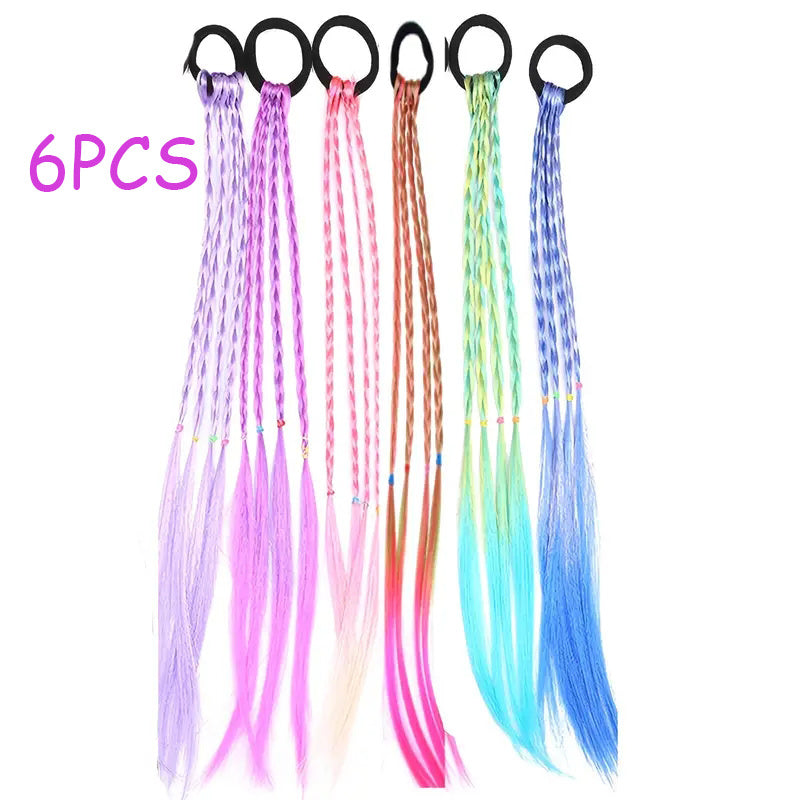 6pcs 6-Piece Girls Hair Accessories Set: Colorful Braided Wig, Ponytail Holders, and Rubber Bands for Gifts