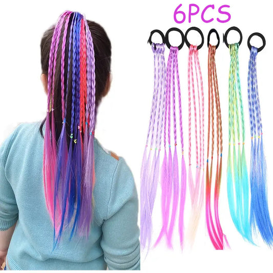 6pcs 6-Piece Girls Hair Accessories Set: Colorful Braided Wig, Ponytail Holders, and Rubber Bands for Gifts