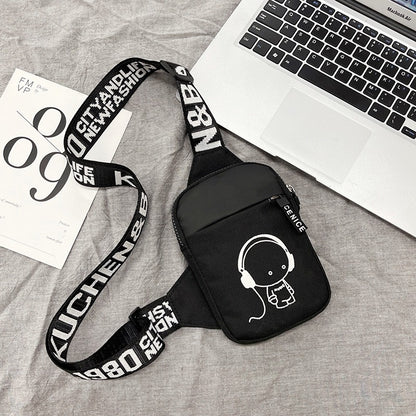 Trendy Nylon Crossbody Chest Bag for Men - Stylish Sports Waistpack with Headphone Jack Design, Black & White Letter Print Strap, Compact Size for Casual or Active Use