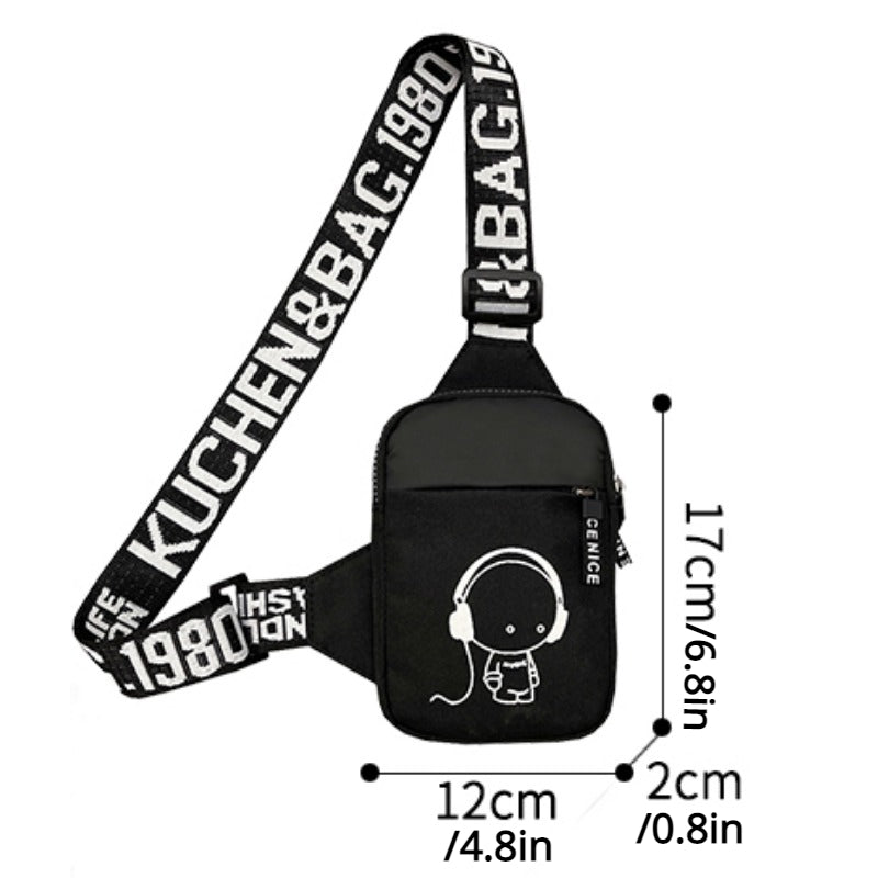 Trendy Nylon Crossbody Chest Bag for Men - Stylish Sports Waistpack with Headphone Jack Design, Black & White Letter Print Strap, Compact Size for Casual or Active Use