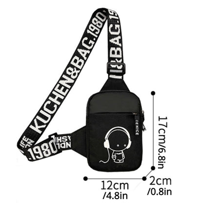 Trendy Nylon Crossbody Chest Bag for Men - Stylish Sports Waistpack with Headphone Jack Design, Black & White Letter Print Strap, Compact Size for Casual or Active Use