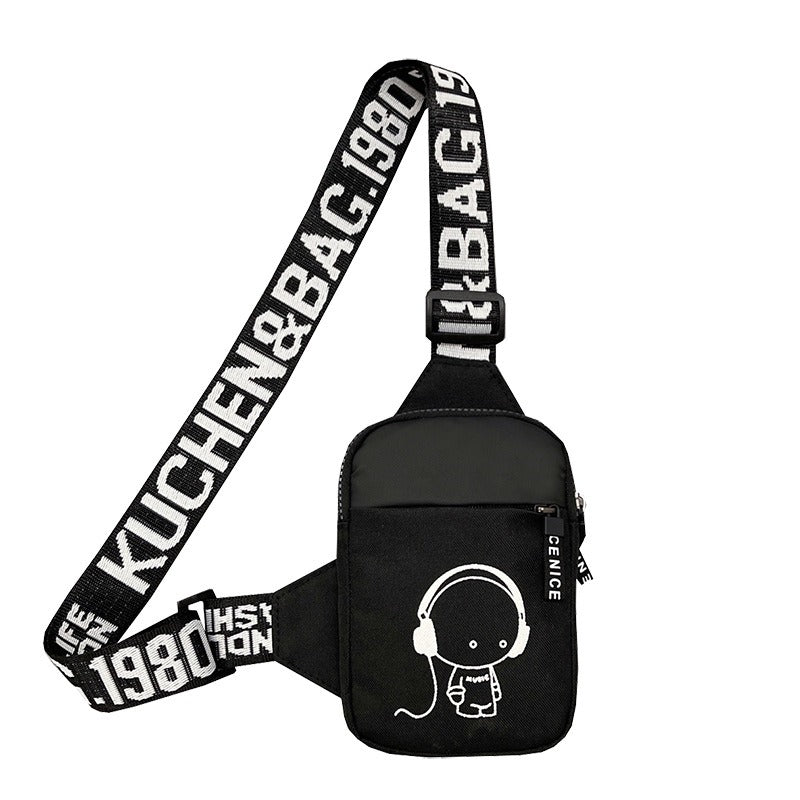 Trendy Nylon Crossbody Chest Bag for Men - Stylish Sports Waistpack with Headphone Jack Design, Black & White Letter Print Strap, Compact Size for Casual or Active Use