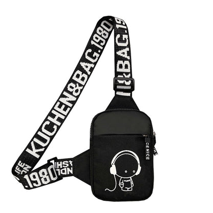 Trendy Nylon Crossbody Chest Bag for Men - Stylish Sports Waistpack with Headphone Jack Design, Black & White Letter Print Strap, Compact Size for Casual or Active Use