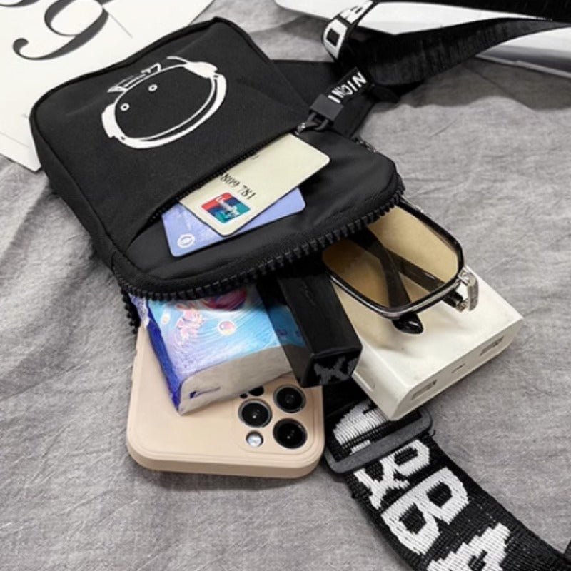 Trendy Nylon Crossbody Chest Bag for Men - Stylish Sports Waistpack with Headphone Jack Design, Black & White Letter Print Strap, Compact Size for Casual or Active Use