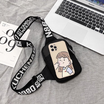 Trendy Nylon Crossbody Chest Bag for Men - Stylish Sports Waistpack with Headphone Jack Design, Black & White Letter Print Strap, Compact Size for Casual or Active Use