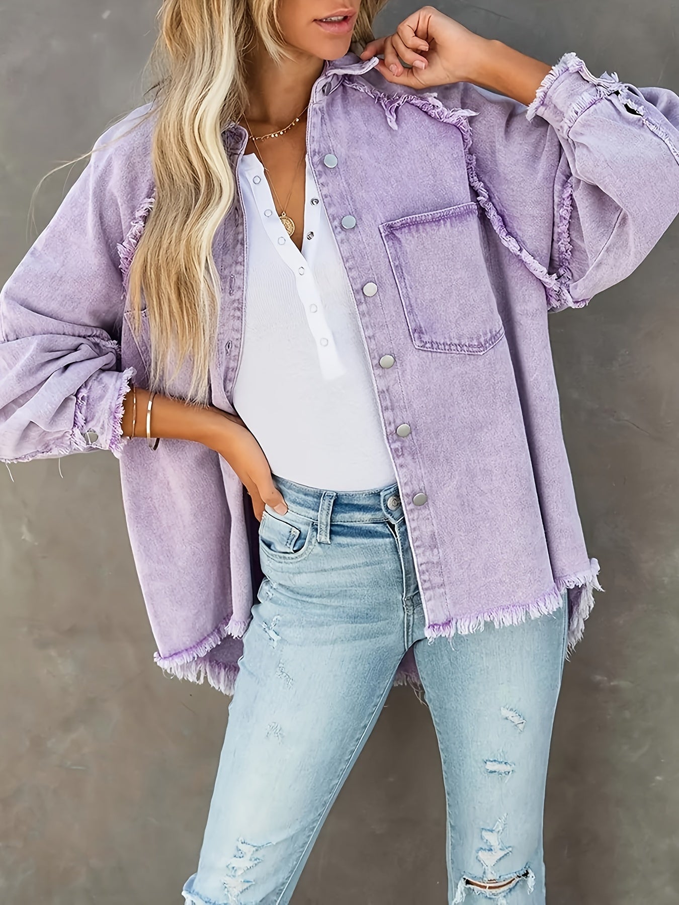 Women's Plus Size Denim Shacket with Raw Hem and Lapel Collar - Casual Button Up Long Sleeve Top for Oversized Comfort and Style